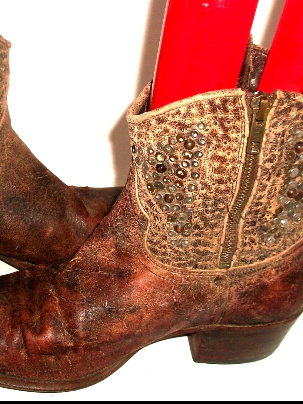 Frye Vintage "Deborah" Studded Aged Leather Cowgirl Boots Handmade in Spain
